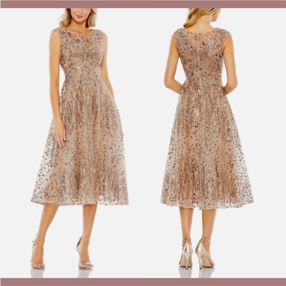NWT $698 Mac Duggal [ 8 ] Sequined Cap Sleeve Fit and Flare Dress Bronze MIDI‎ - Picture 2 of 16